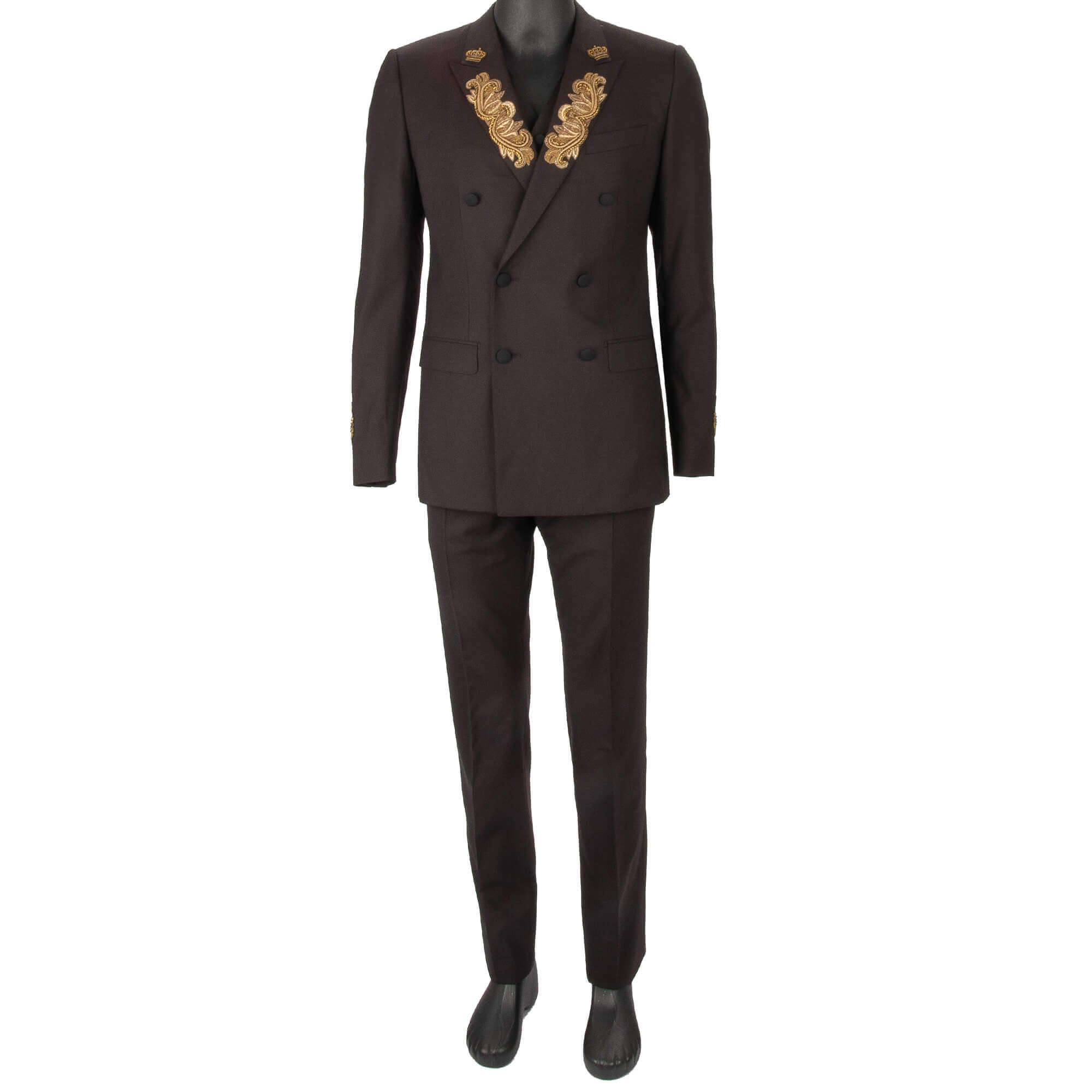 Virgin wool 3 piece double-breasted suit with goldwork pearl embroidery and peak lapel in brown and gold by DOLCE & GABBANA 