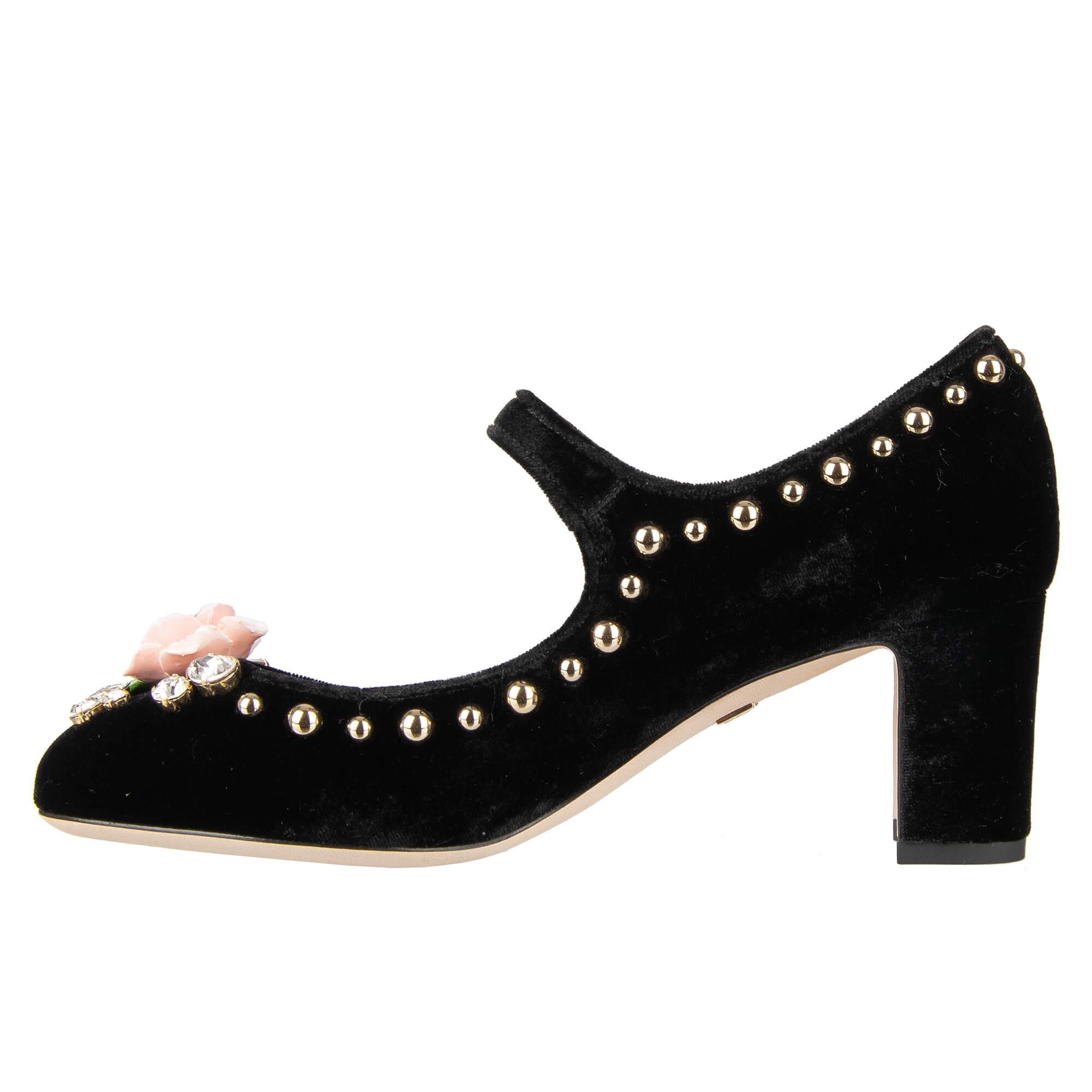 Elastic Velvet Mary Jane Pumps VALLY embellished with crystals, studs, large rose and crystals brooch by DOLCE & GABBANA