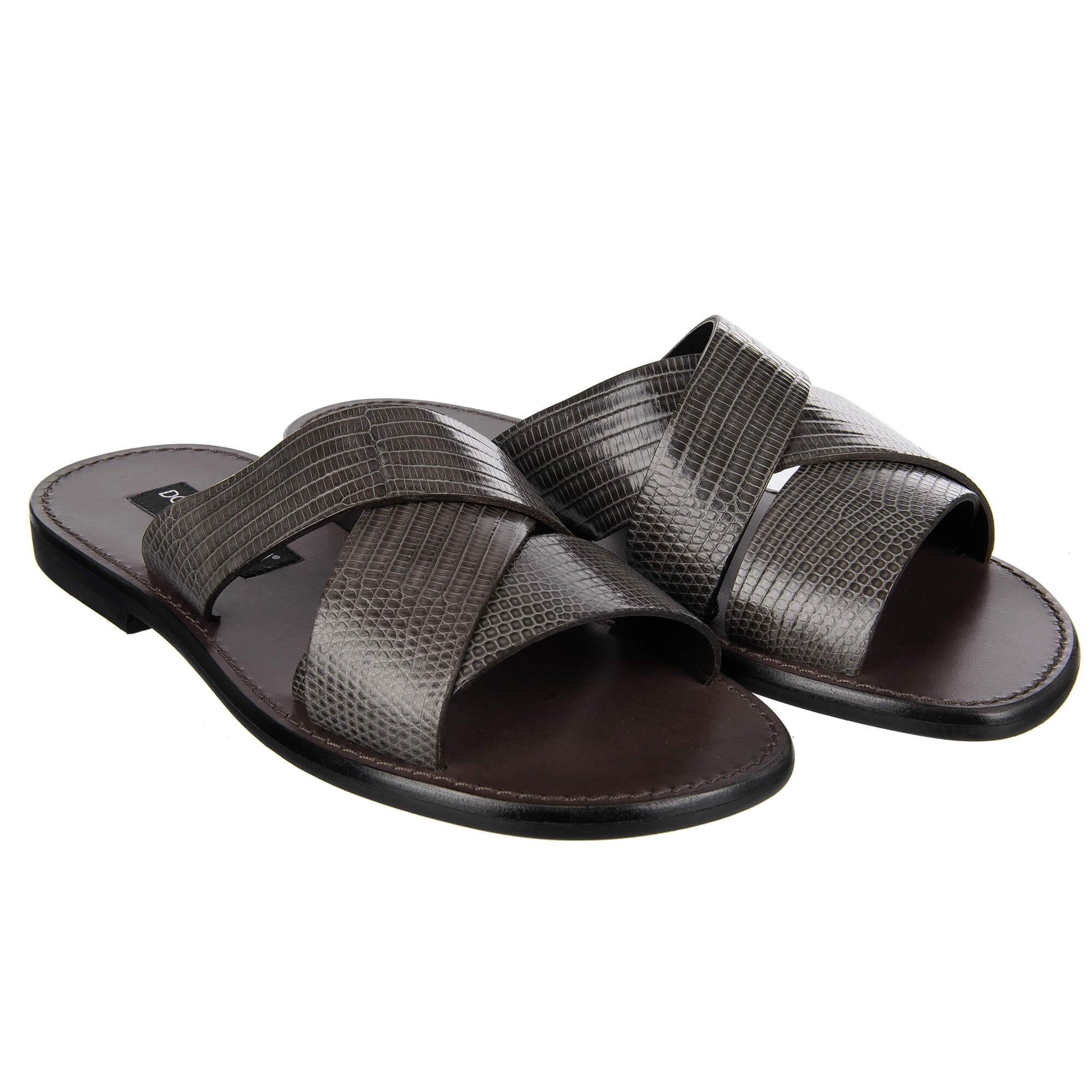 Men Lizard Texture Leather Sandals Gray 38.5 US 5.5