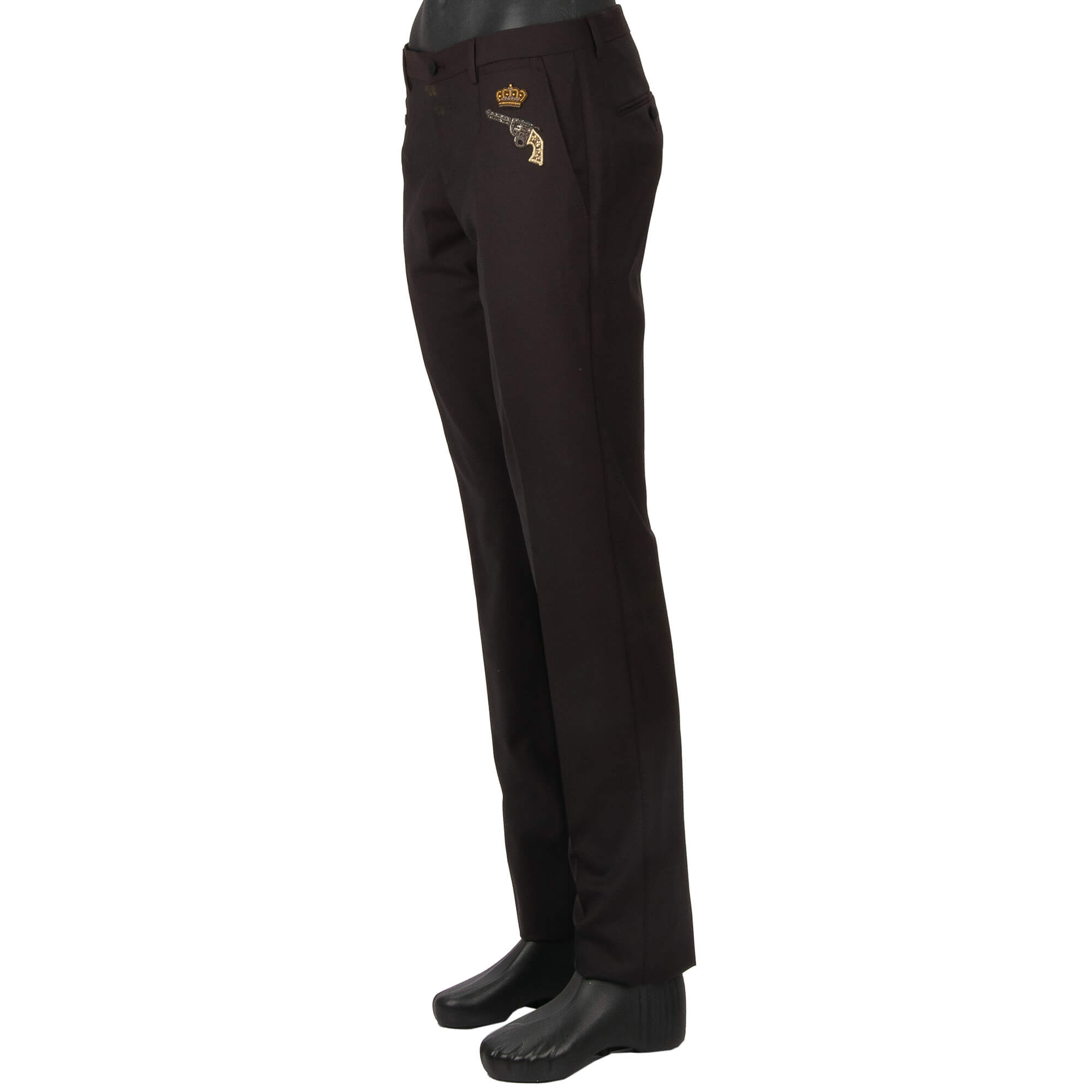 Virgin wool 3 piece double-breasted suit with goldwork pearl embroidery and peak lapel in brown and gold by DOLCE & GABBANA 