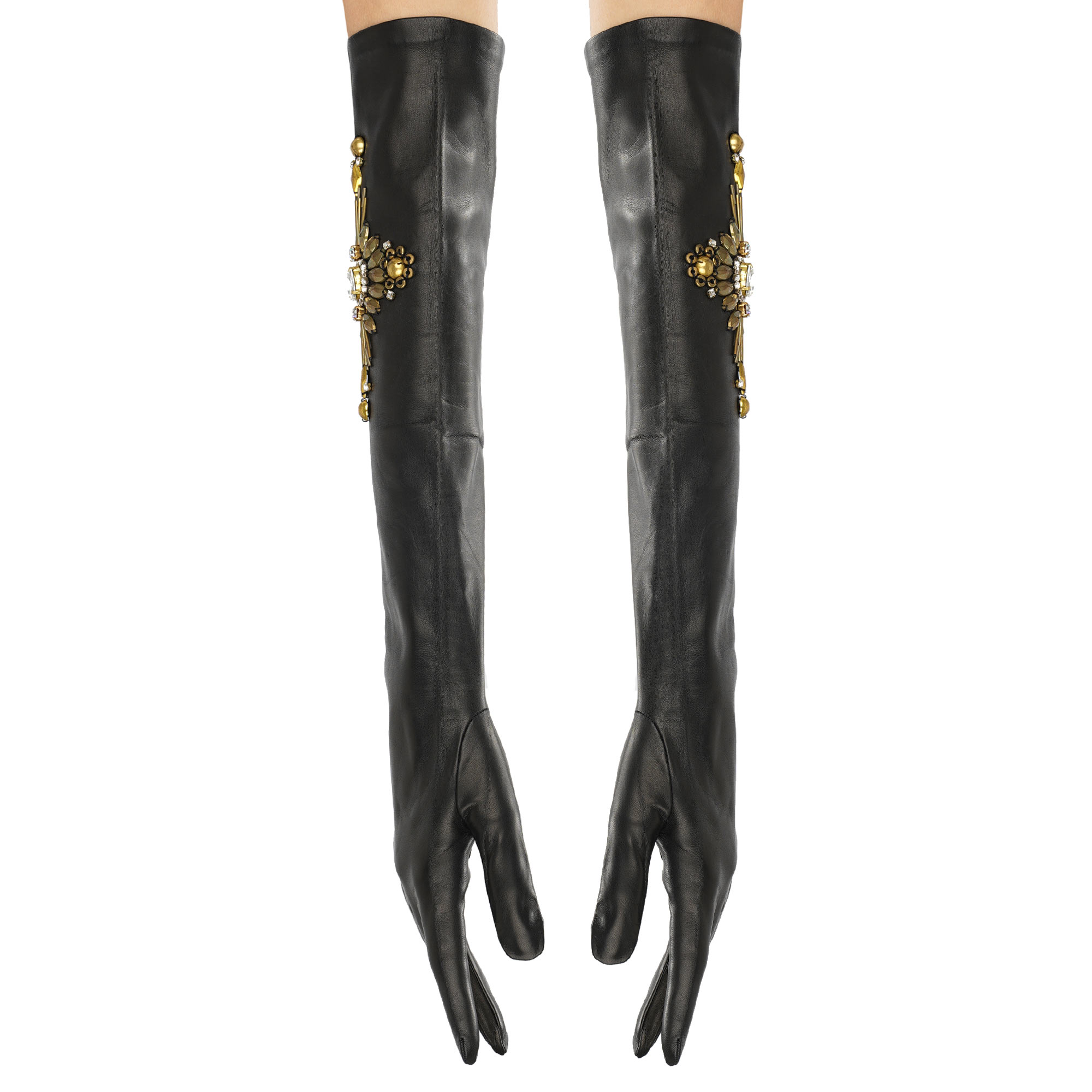 "Her Majesty" Leder Handschuhe mit Kristallen und Perlen Applikationen in Schwarz und Gold von PHILIPP PLEIN 