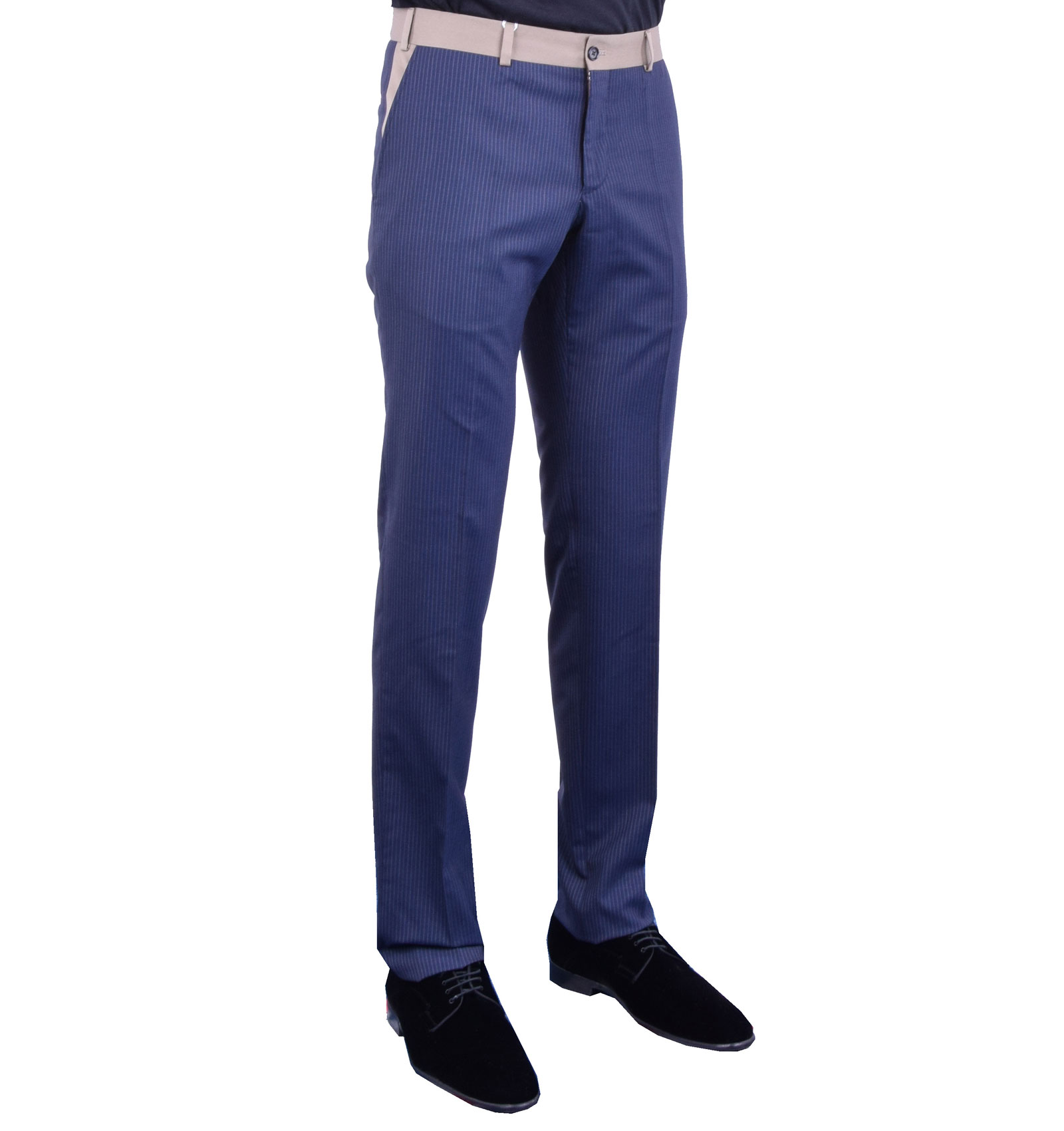 Striped Slim Fit Wool Trousers Blue Beige 46 S