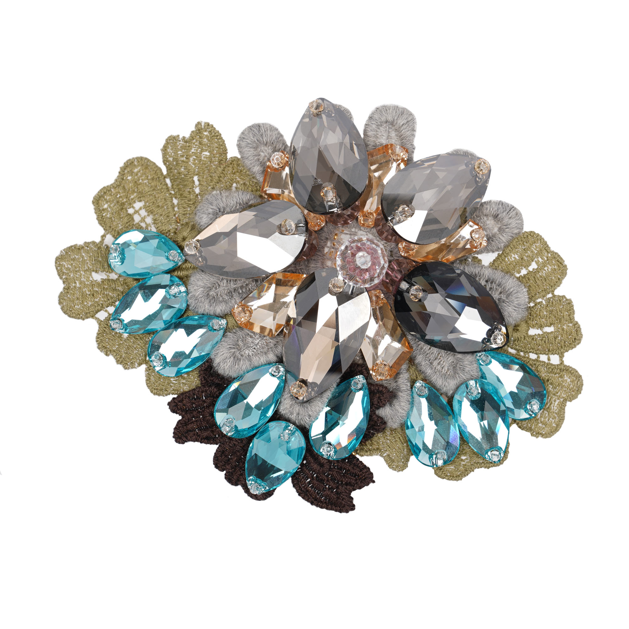 Lace Flower Crystals Hair Clip Brooch Blue Gray Green