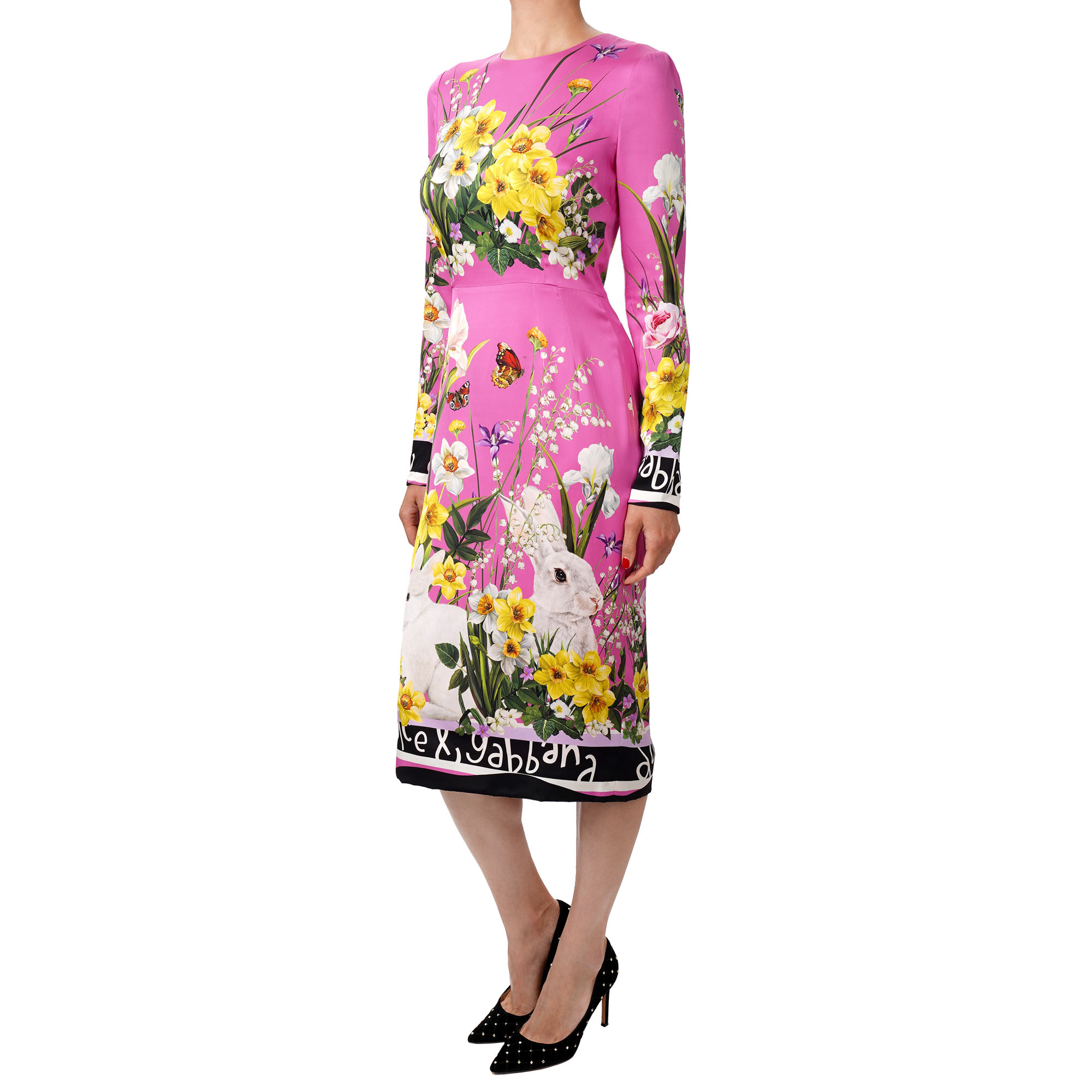 Silk dress with DG Logo, daffodil, lily of the valley flower and rabbit print in pink by DOLCE & GABBANA