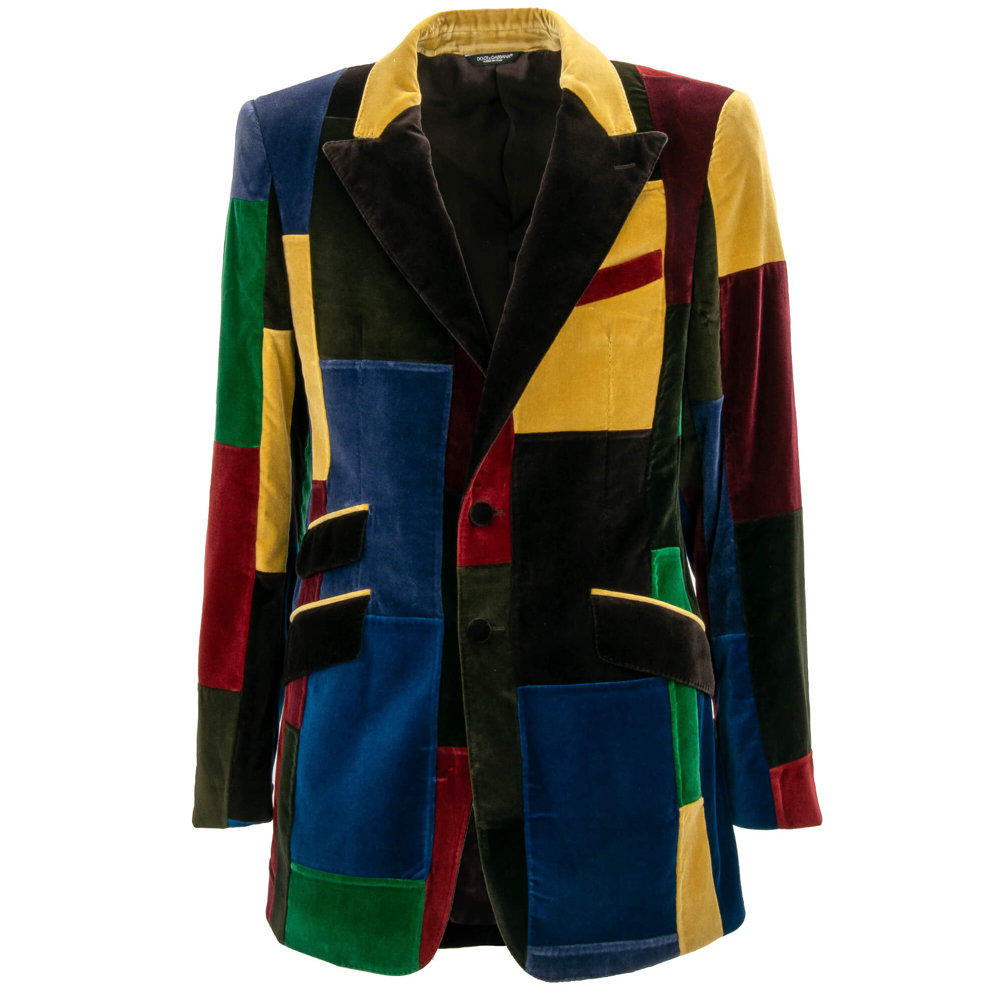 Long Patchwork Velvet Blazer Jacket Yellow Black Blue 48 M