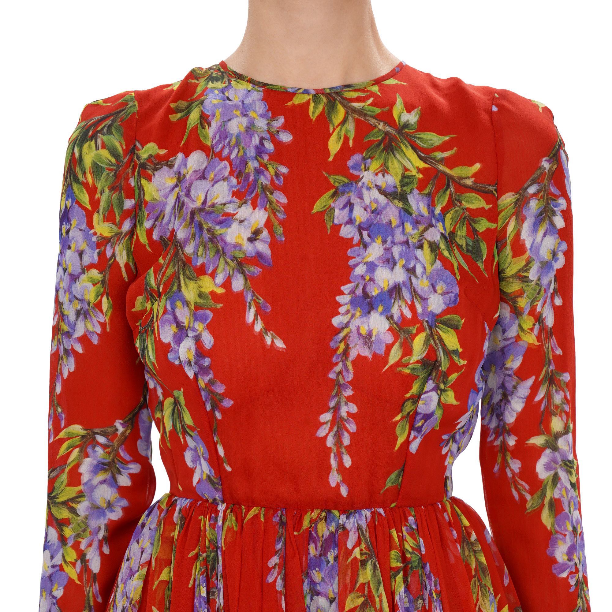 Wisteria flower print maxi silk dress with open back and tulle underskirt in red and purple by DOLCE & GABBANA