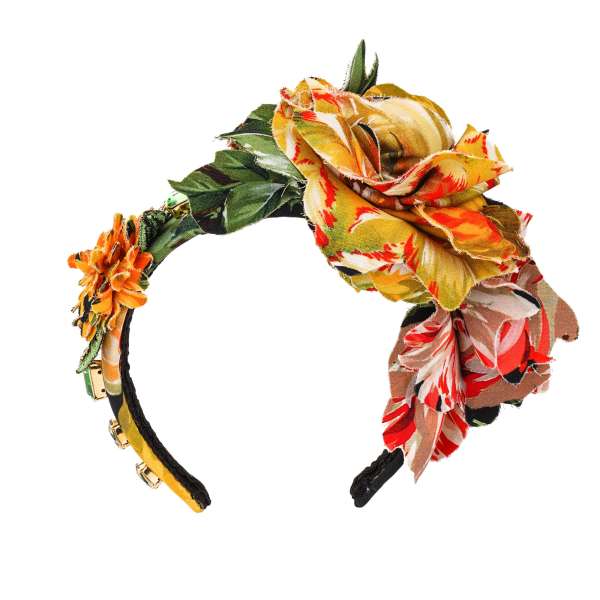 Haarreif verziert mit handbestickten Blumen, Pailletten und Kristallen in Orange, Gelb und Grün von DOLCE & GABBANA
