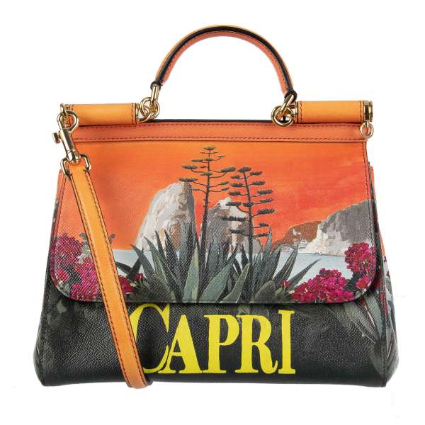 Hand-/ Schultertasche MISS SICILY aus bedrucktem Dauphine Kalbsleder mit Print CAPRI und Logo Plakette von DOLCE & GABBANA