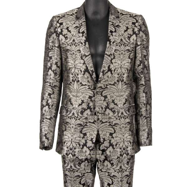 Baroque jacquard suit with peak lapel in silver and black by DOLCE & GABBANA 