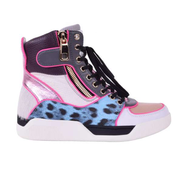 Leather, brocade and fur High-Top Sneaker with double zip and hook&loop fastening by DOLCE & GABBANA