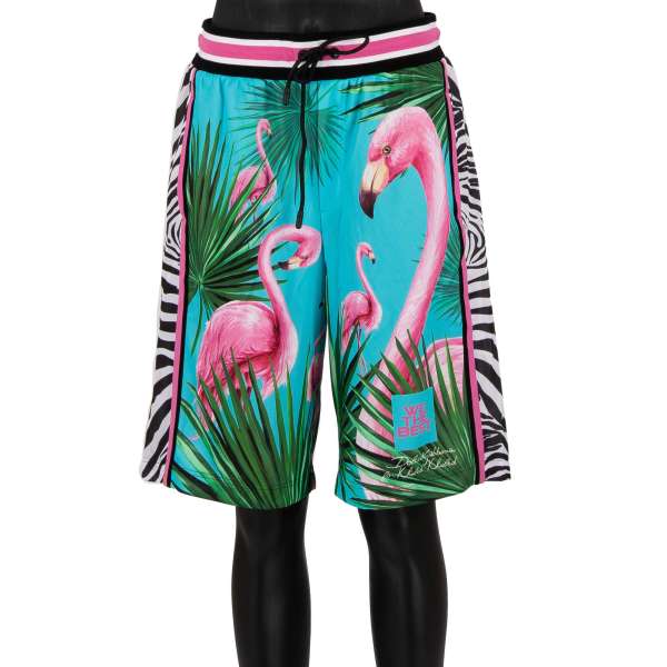Oversize Bermudas Shorts with flamingo, zebra and logo print, zipped pockets and knitted details by DOLCE & GABBANA - DOLCE & GABBANA x DJ KHALED Limited Edition