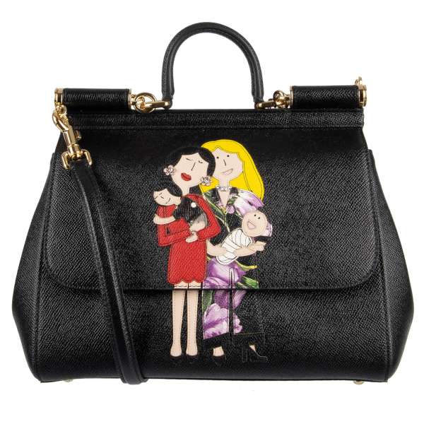 Tote / Schultertasche SICILY BAG mit besticktem DG Family Motiv aus Leder und Logo Schild von DOLCE & GABBANA