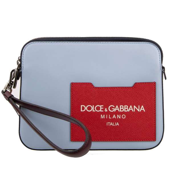 Dauphine and patent leather pouch / bag with two compartments, detachable handstrap and logo print by DOLCE & GABBANA