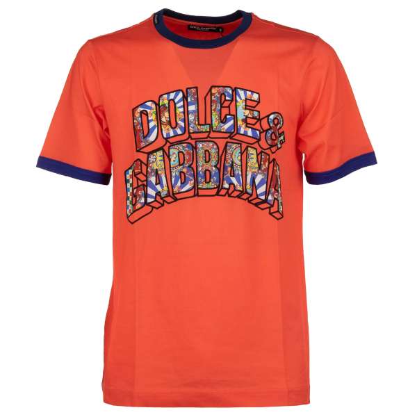 Cotton T-Shirt with Carretto Siciliano Logo print and logo sticker by DOLCE & GABBANA