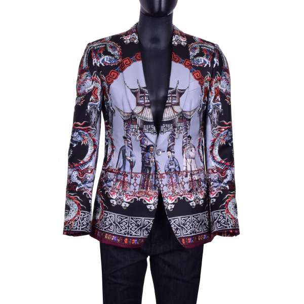 Silk blazer with Chinese Dragons and Temple Print and round reverse by DOLCE & GABBANA Black Line