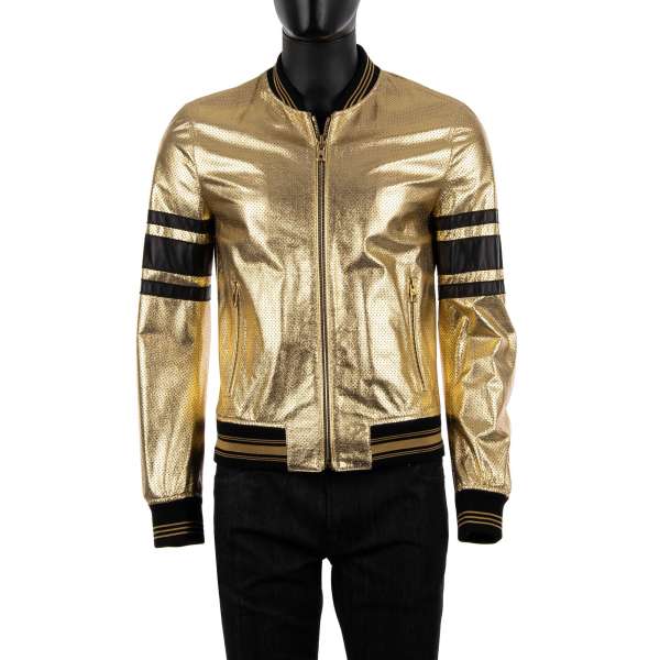 Perforierte Jacke im Bomber Stil aus Nappa Leder mit schwarzen Kontrast-Streifen und Reißverschluss von DOLCE & GABBANA