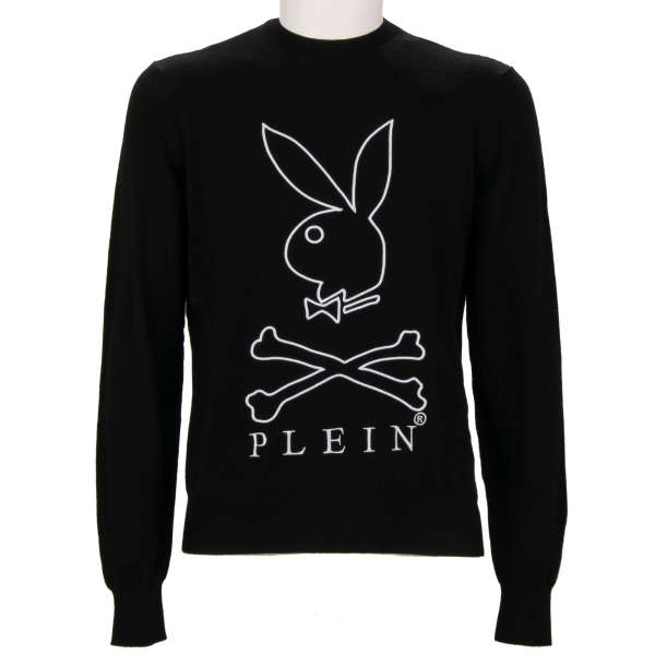 Slim fitted 100% Cashmere Sweater with a large embroidered Bunny Skull logo at the front and 'Playboy X Plein' logo at the back by PHILIPP PLEIN x PLAYBOY