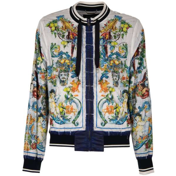 Light Baroque and Majolica motive printed bomber jacket with logo, zip pockets and knit details by DOLCE & GABBANA