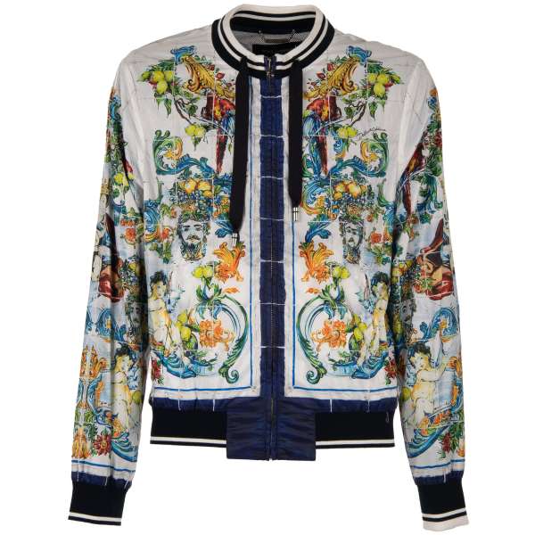 Leichte Bomberjacke mit Majolika und Barock Print, Logo, Taschen mit Reißverschluss und Strick Details von DOLCE & GABBANA