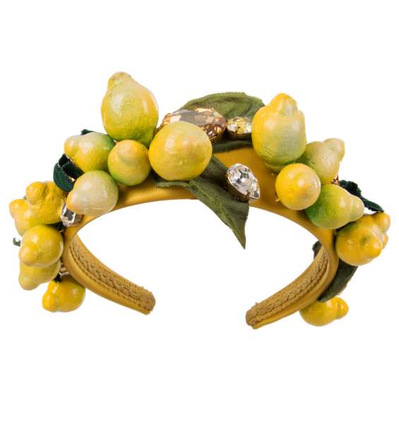 Headband with crystals, lemons, silk and velvet leaves in yellow and green by DOLCE & GABBANA