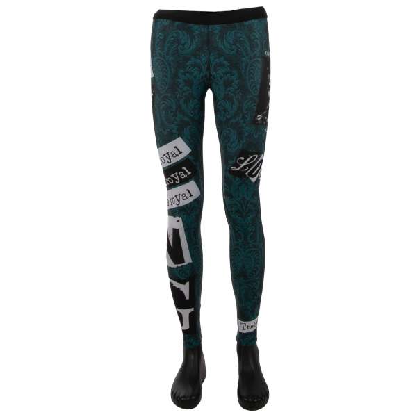 Dolce & Gabbana Stretch Leggings with Royal King Print and Logo Green Black  48 M