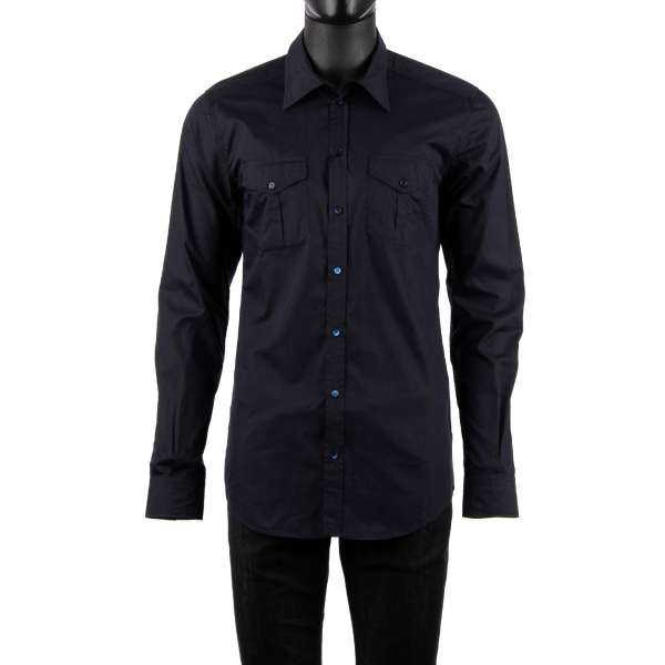 Silk and cotton blend shirt with long collar and pockets in dark blue by DOLCE & GABBANA - SICILIA Line