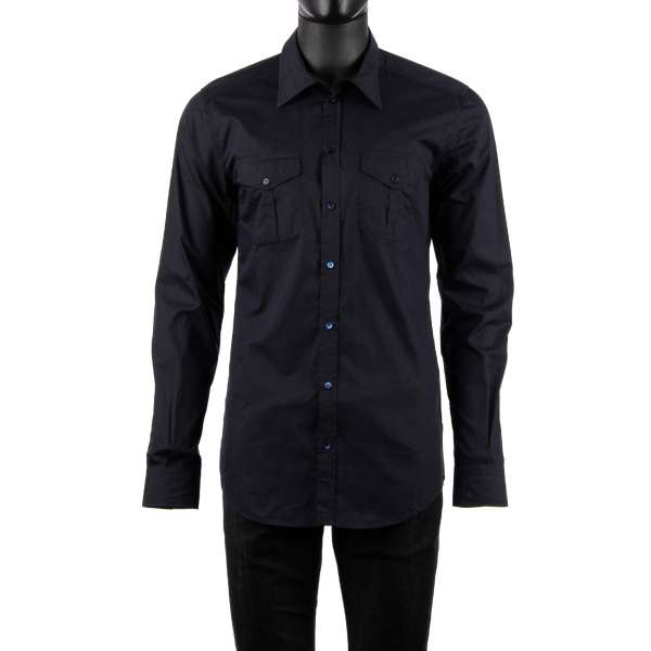 Silk and cotton shirt SICILIA with pockets in dark blue by DOLCE & GABBANA