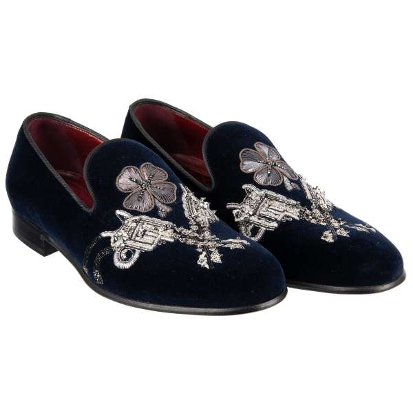 Velvet Loafer MILANO with pistols and flower embroidery made of gun metal and small studs by DOLCE & GABBANA