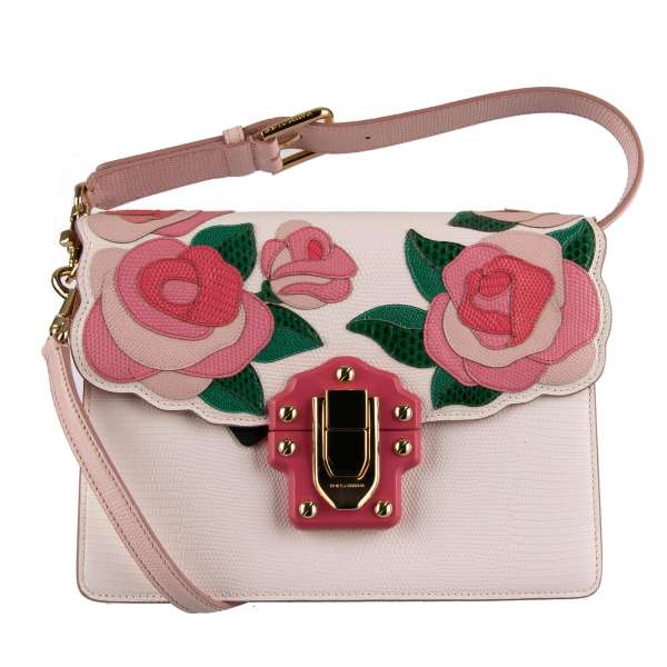 Lizard textured Shoulder Bag LUCIA with two straps, floral ayers applications and decorative buckle with logo by DOLCE & GABBANA