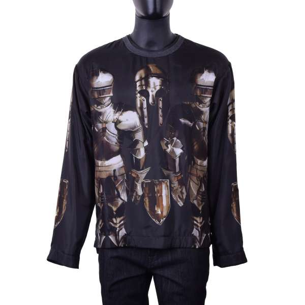 Gefüttertes Longsleeve T-Shirt aus Seide mit Waffen und Ritter Print von DOLCE & GABBANA Black Label