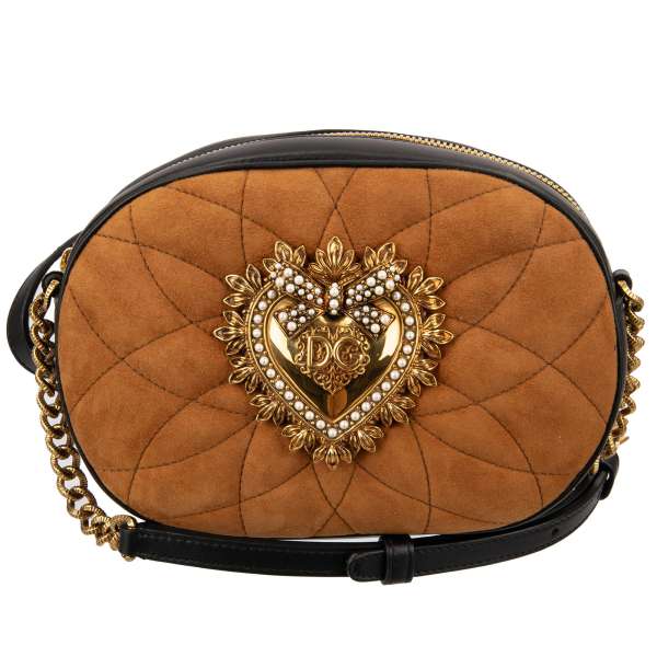 Kleine Clutch Tasche DEVOTION aus gestepptem Wildleder und glattem Leder mit großem DG Herz Logo mit Perlen und verstellbarem Riemen von DOLCE & GABBANA