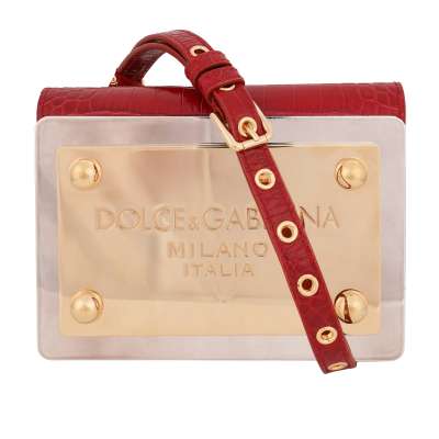 Croco Textured Leather Clutch Shoulder Bag with Logo Plate Red