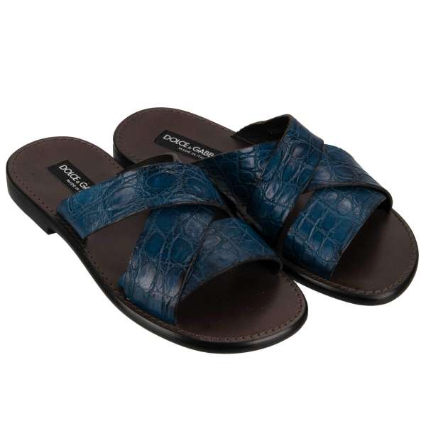 Sandalen aus Kalbsleder und Krokodilleder in blau von DOLCE & GABBANA