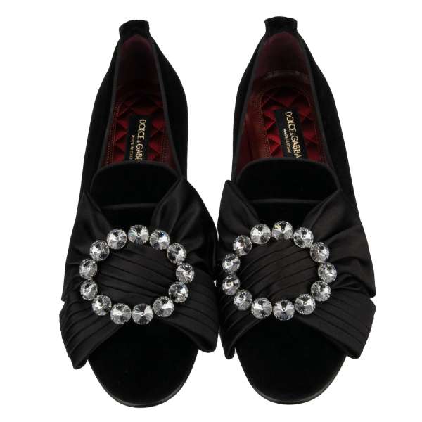 Loafer VATICANO aus Samt mit Kristall Schleife Brosche und DG Metall Logo Absatz in Gold und Schwarz von DOLCE & GABBANA