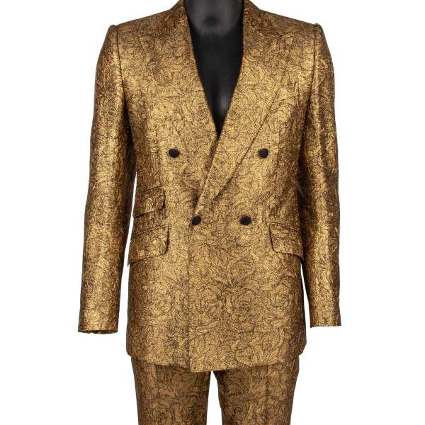 Roses pattern jacquard double-breasted suit with peak lapel in gold by DOLCE & GABBANA 