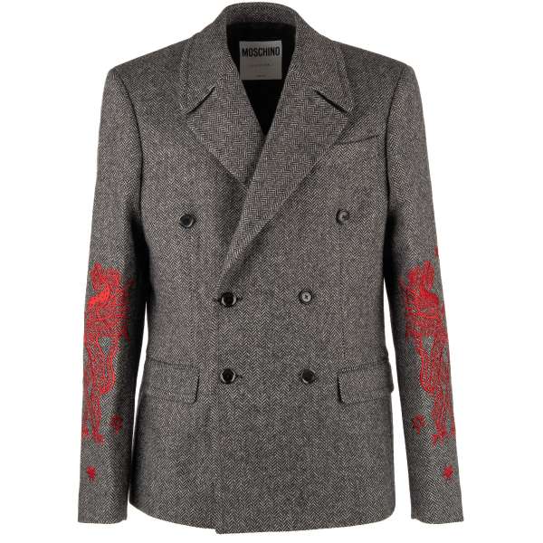 Double-breasted embroidered herringbone wool jacket by MOSCHINO COUTURE