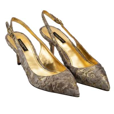 Baroque Jacquard Slingback Pumps BELLUCCI Gold Gray 39 9