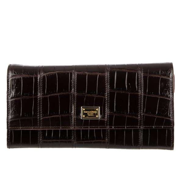 Crocodile Leather long wallet with snap button closure and logo plate in brown by DOLCE & GABBANA