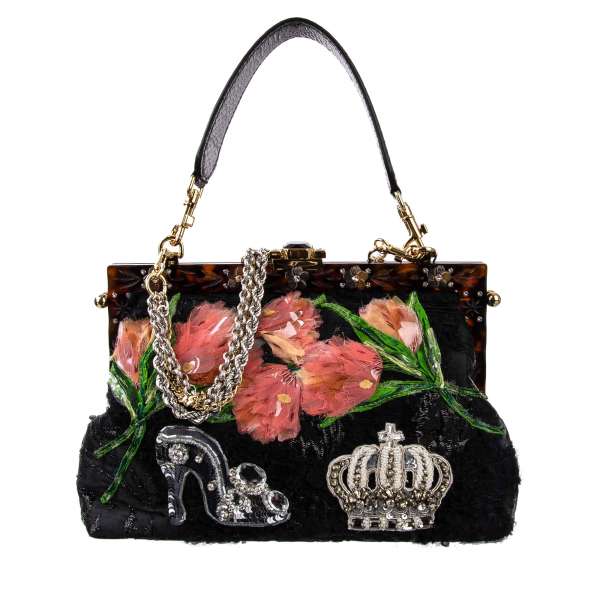 Clutch / Abendtasche / Schultertasche VANDA aus Brokat mit bestickten Blumen, Krone und High Heel aus Pailletten und Kristallen und mit floralem Rahmen von DOLCE & GABBANA