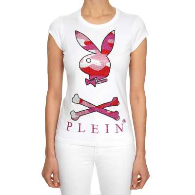 Playboy Bunny Kristall T-Shirt Weiß Pink XS 