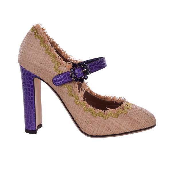 Mary Jane Pumps VALLY made of straw and crocodile textured leather with a crystals buckle by DOLCE & GABBANA Black Label