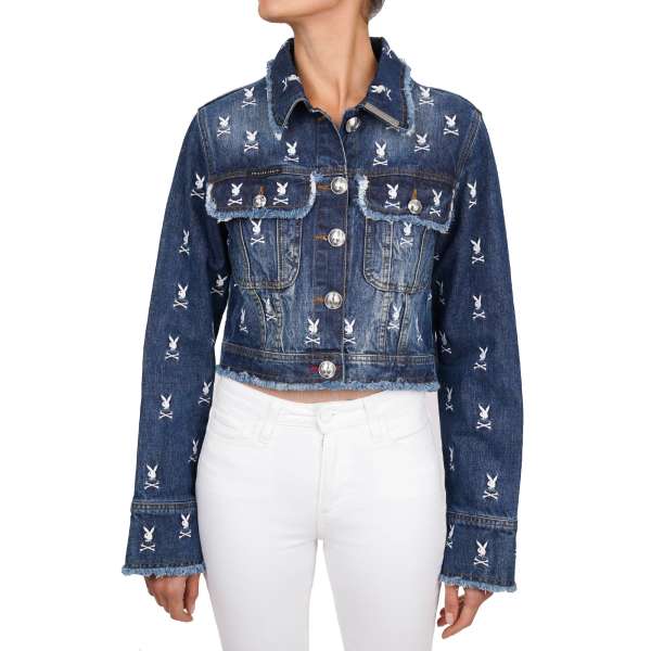 Short Denim / Jeans Jacket with Playboy Plein logo embroidery, embroidered Playboy X Plein lettering and metal buttons by PHILIPP PLEIN x PLAYBOY