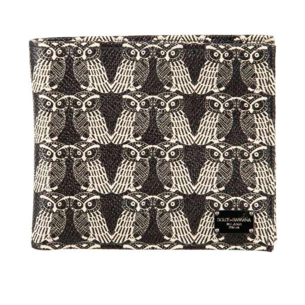Owls printed Dauphine leather wallet with DG metal logo plate in black and beige by DOLCE & GABBANA