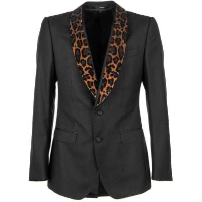 Wool Tuxedo Blazer SICILIA with Sequined Leopard Lapel Black