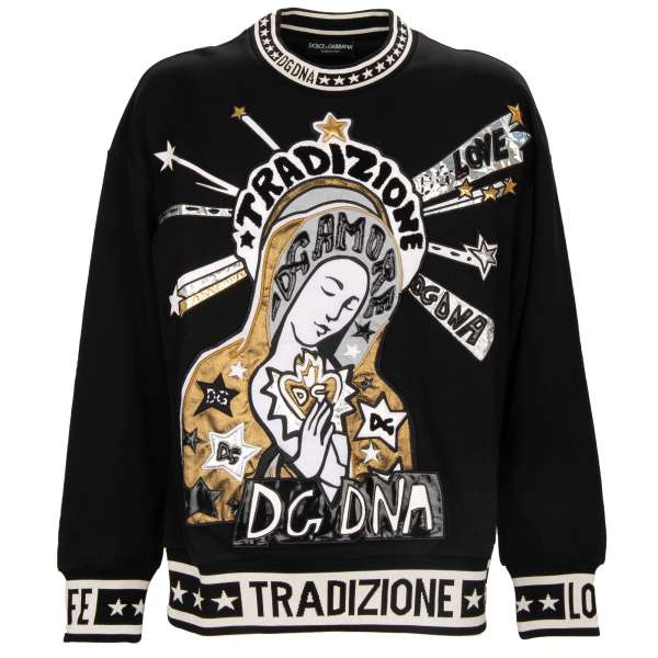 Oversize Baumwolle Sweater / Pullover TRADIZIONE im Barock Stil beschmückt mit Maria, Sternen, DG Logo und und bestickten Beschriftungen von DOLCE & GABBANA