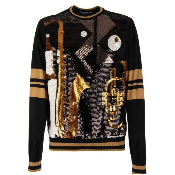 Exceptional and rare all over sequins embroidered sweater / sweatshirt with music theme embroidery by DOLCE & GABBANA
