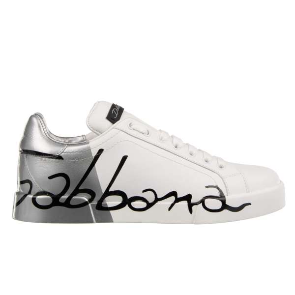 Women Leather Sneaker PORTOFINO with Dolce&Gabbana logo in silver and white by DOLCE & GABBANA