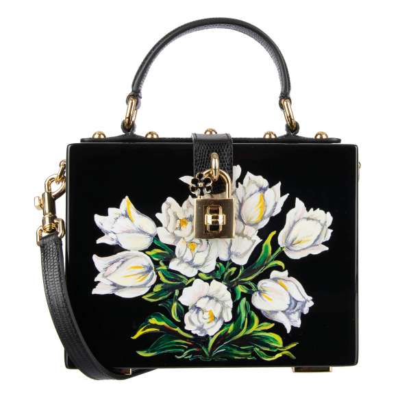 Varnished wooden clutch / tote bag / shoulder bag DOLCE BOX with tulip painting and decorative padlock by DOLCE & GABBANA