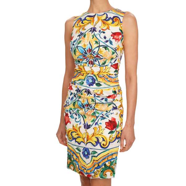 Silk dress with majolica pattern in white, blue and yellow by DOLCE & GABBANA 
