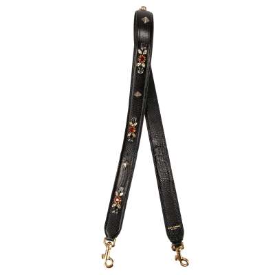 Crystal Stud Leather Bag Strap Handle Black Gold